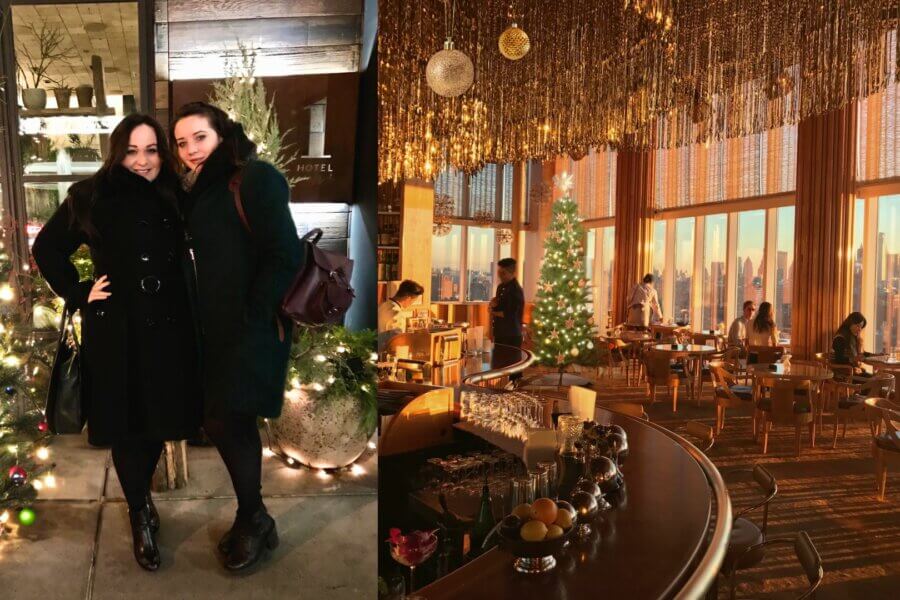 Ellie and sister at a Christmas themed restaurant in NYC