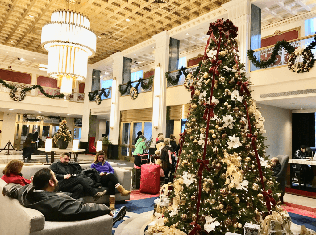 hotel lobby in NYC at Christmas time