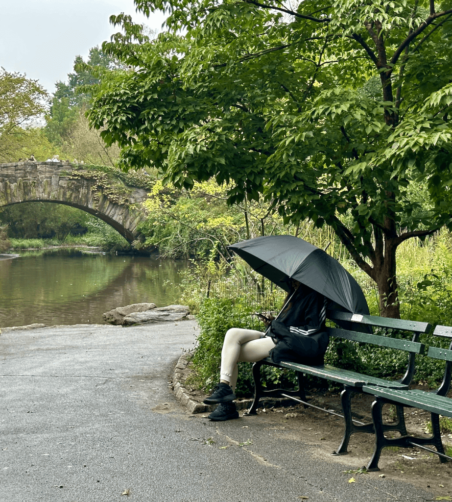 Ellie sat in Central Park in the rain