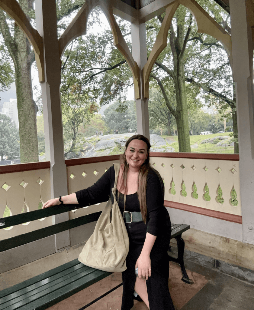 Ellie sheltering from the rain in Central Park 