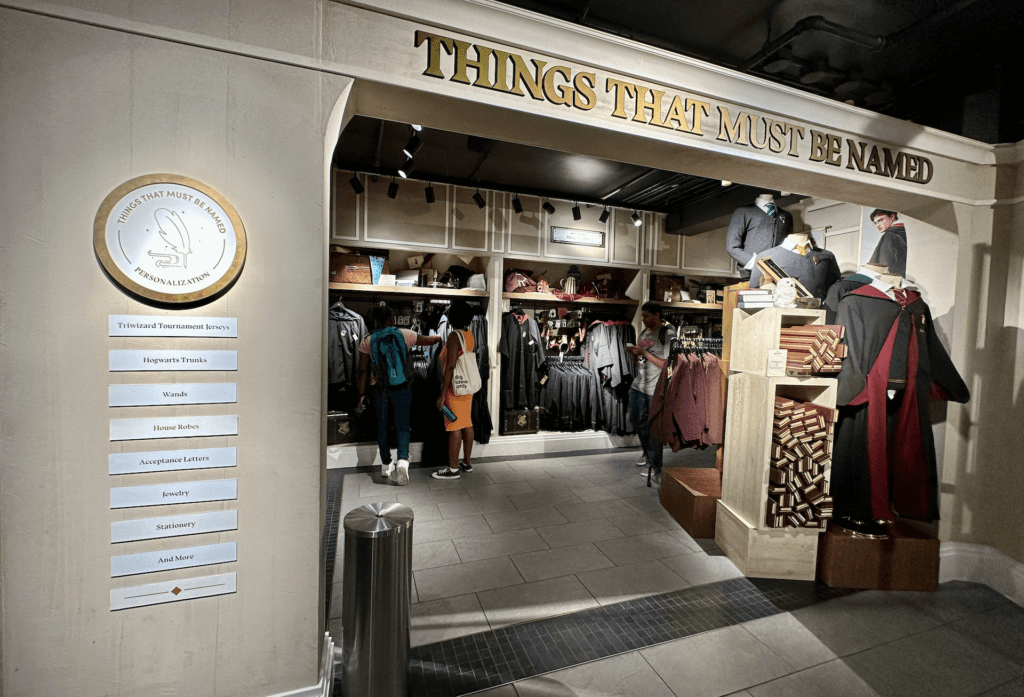 The robes and personalization area in the Harry Potter store. 