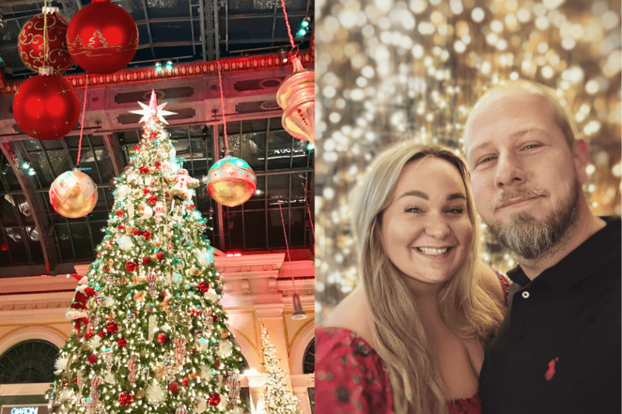 Elle and her husband in Las Vegas during Christmas time