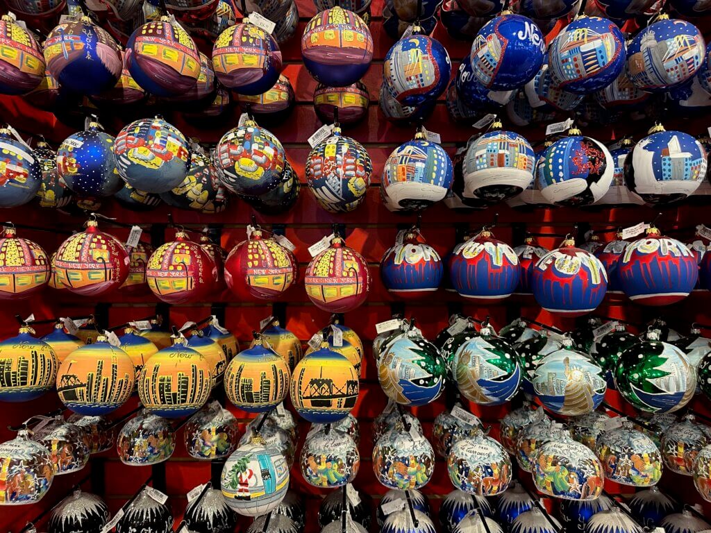 Christmas baubles inside the 'Christmas in New York' store in Little Italy