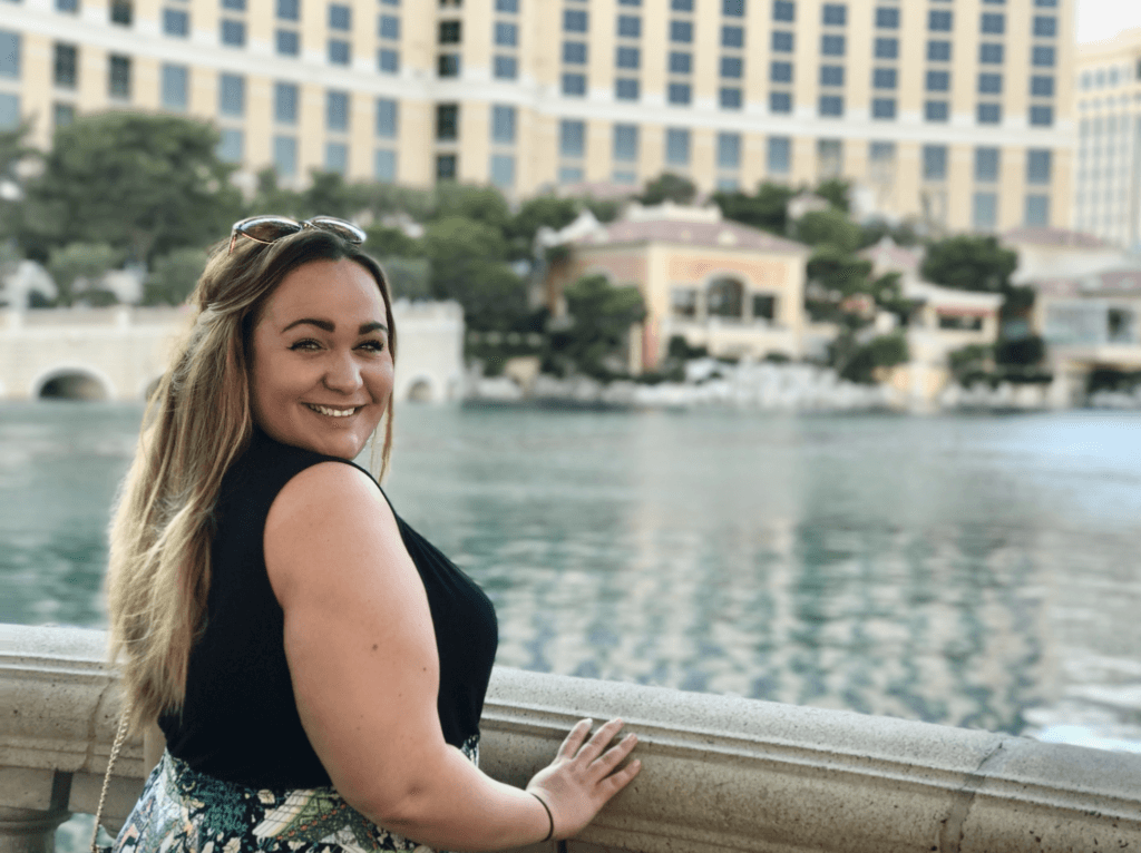 Ellie looking out over the Bellagio Fountains at Christmas time in Las Vegas