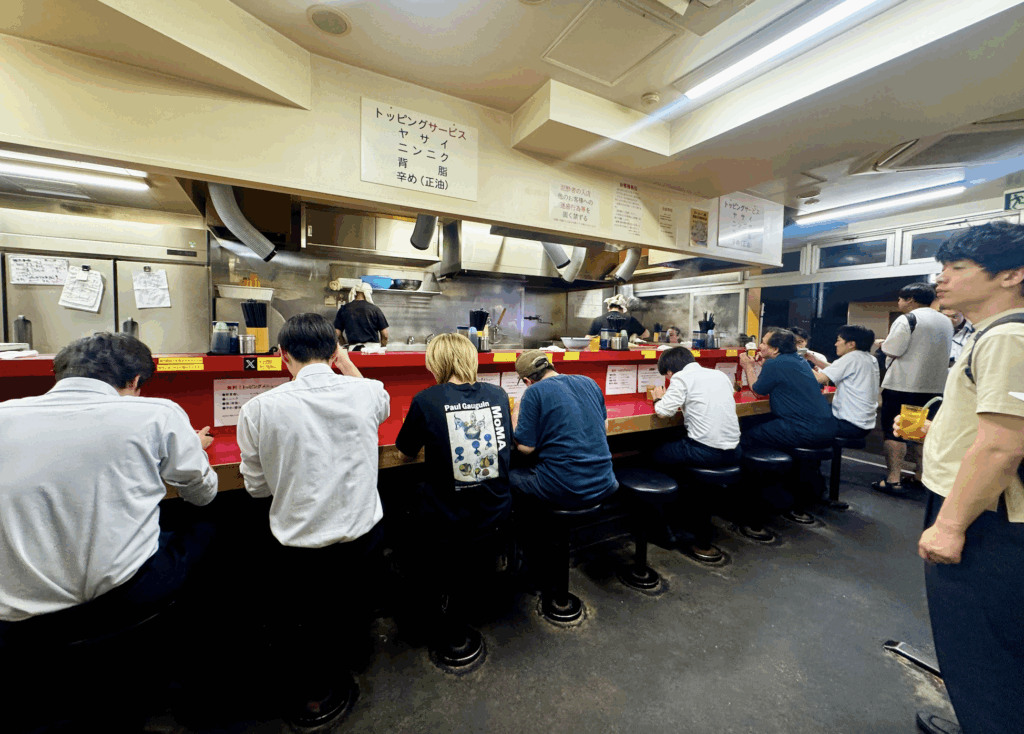 The inside of Ramen Jiro, in Tokyo, Japan. 