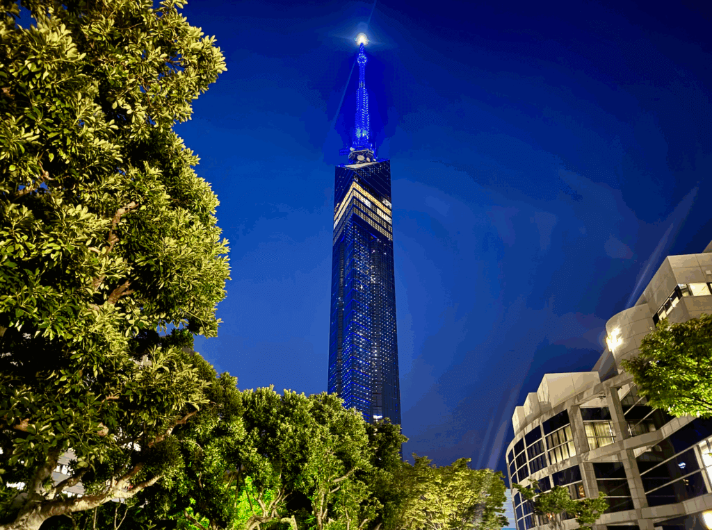 Fukuoka Tower at night time. 